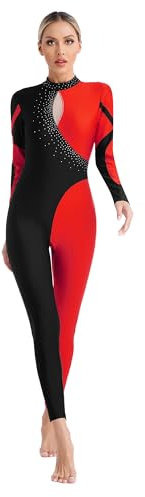 iiniim Damen Turnanzug Glitzer Gymnastikanzug Patchwork Ballettanzug Langarm Eiskunstlauf Body Overall Jumpsuit Akrobatik Anzug Wettbewerb Tanzkostüm Rot M