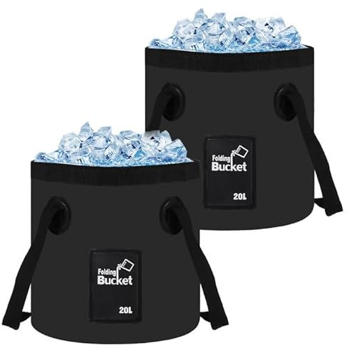 GBACHOOSE 2 Pack 20L Folding Water Bucket, Black Portable Collapsible Buckets, Outdoor Multifunctional PVC Folding Bucket for Camping, Traveling, Hiking, Fishing, Gardening, Car Washing