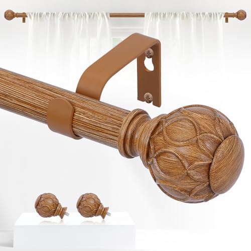 TANGWIN Holz-Gardinenstangen für Fenster, 71,1 bis 122,9 cm, 2,5 cm starke verstellbare Gardinenstange, robuste Gardinenstangen, Endstück mit Holznetzstruktur, Einzelfenstervorhangstange, 45,7–114,3