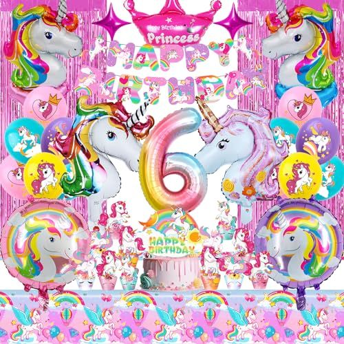 Einhorn Geburtstagsdeko Mädchen Set – 38-teiliges Party Deko Set mit Ballons, Banner, Zahl 6 – Deko Einhorn Kindergeburtstag Mädchen für Einhorn Party, Prinzessinnen-Feier