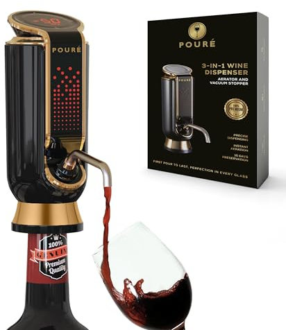 POURÉ 3-in-1 Wine Dispenser Aerator and Vacuum Stopper - Electric Liquor Decanter Pourer & Preserver - Touch Screen LED Display - Wine Temperature Monitor - Gift for Wine Lover (Black)