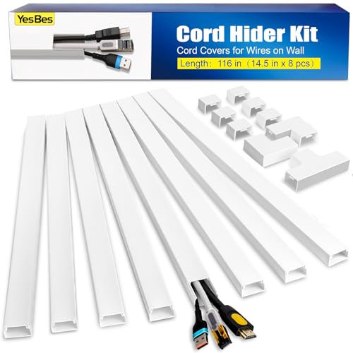 Kit de cache de cordon pour fils sur le mur, cache-câbles à peindre, cache-câbles pour montage mural TV, cache-câbles pour câbles, 2,4 x 1,44 cm, blanc