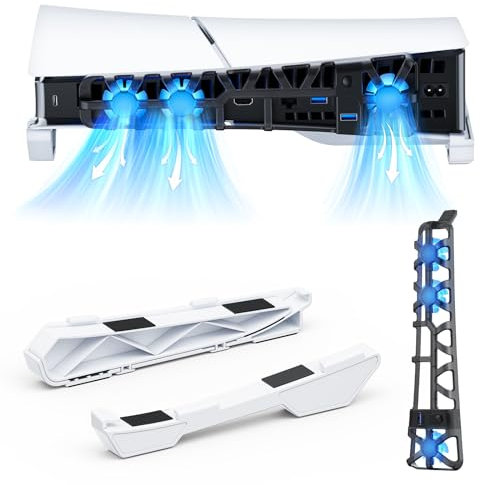 NexiGo Supporto orizzontale sottile per PS5 con ventola di raffreddamento migliorata silenziosa, velocità regolabile, basso rumore, accensione e spegnimento automatici, porta USB 3.0, luce LED