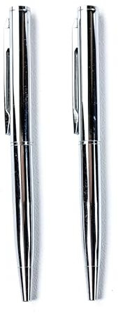 DELMON VARONE - 2 x Ersatz Mini Drehkugelschreiber aus Metall in Sibler - Kleiner Kugelschreiber mit schwarzer Tinte - Länge 10cm, Durchmesser 7mm