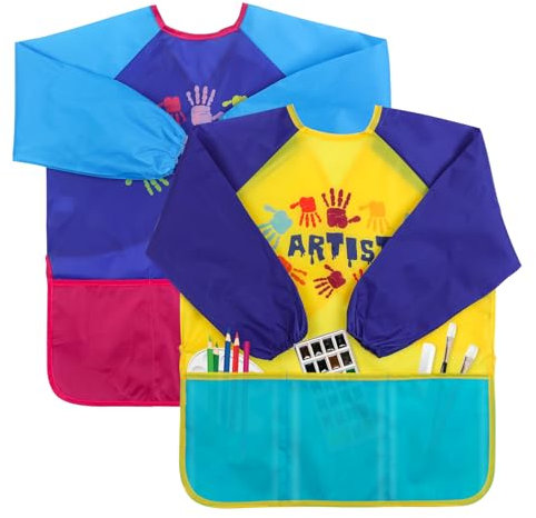saerryor 2PCS Kids Painting Apron Toddler Apron Art Smock for Kids Long-Sleeve Waterproof Painting Aprons, Painting Cooking Eating Arts & Crafts Artist Apron for Children Ages 3-8