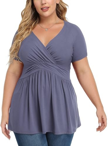 TIANZHU Women's Plus Size Casual Top Stylish Dressy V-Neck Empire Waist Tunic Lightweight Short Sleeve Blouse, Purple Grey, Size 24-26