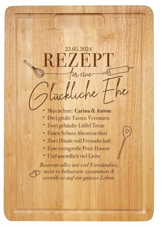 Schneidebrett mit Gravur, Rezept glückliche Ehe, Personalisiertes Küchenbrett, Geschenke für Paare, Frühstücksbrett, Frühstücksbrettchen, Holz Schneidebretter, Holzbrett mit Saftrille