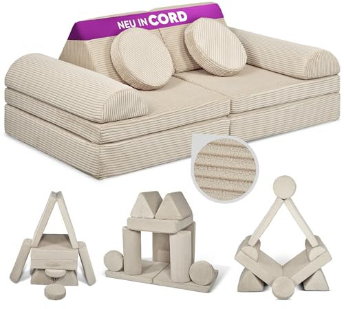 Linodino® Spielsofa Cord Fantasiewelt, Kindersofa-Bausteine - Kreative Stapelsteine für Kinder - Kindercouch, Sofa-Kuschelecke im Kinderzimmer | Schaumstoff-Softbausteine [Elfenzauber Beige]