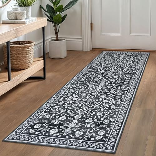 SILOLOOM Vintage Washable Runner Rug 2x6, Super Soft Black & White Hallway, Kitchen, Entryway, Laundry Room, Bedroom Carpet
