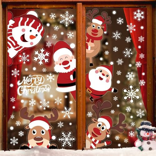 SULOLI 6 Feuilles Sticker à Effet Stéréoscopique Rouge Blanc,Noël Autocollant Fenêtre Réutilisable,Stickers Noël Fenetre PVC,Flocons de Neige Père Noël,Renne