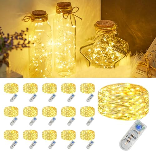 16 Stück Micro Led Lichterkette mit CR2032 Batterie, IP44 Wasserdichte Lichterkette mit Timer, 2M 20LED Mini Led Lichterketten Draht Innen für Weihnachten Deko, Halloween, Innen, Garten, Warmweiß