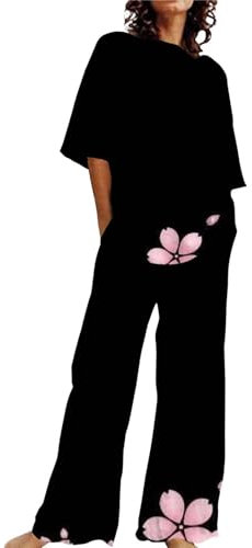 Generico Pigiama Donna Elegante Taglie Forti Abiti Estivi per Donna 2 Set di Lino in Cotone T-Shirt Oversize Pantaloni a Gamba Dritta Tuta Taglie Forti Set Pigiama Donna Cotone Estivo (Black, XXXL)