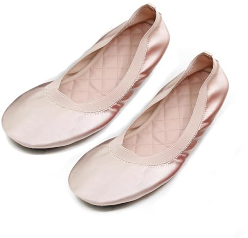 Everyday Casual Comfortable Women Foldable Portable Ballet Flats Shoes that fold in Half to fit in a Carry Bag (BlushPinkSatin, 12)