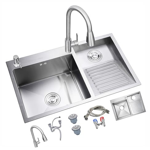 forestalk Doppelwaschbecken für Badezimmer, Haushalts-Edelstahl-Waschtisch, Waschbecken mit Waschbrett, ausziehbarer Wasserhahn, leicht zu reinigen