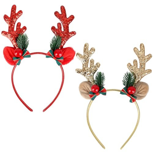 2 Stück Weihnachten Geweih Haarreif,Rentier Geweih Stirnband,Weihnachtsgeweih,Glitzer Weihnachten Haarreif，Weihnachts Haarschmuck für Kinder Erwachsene,Stirnbänder mit rote kugel für Weihnachtsfeiern