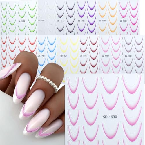 12 Pièces Stickers Pour Ongles Français De Stickers Pour Ongles Français Color French Nail Stickers Stickers Decoration Françaises Autocollant Ongles Décalcomanies à Ongles à Pointe Simple
