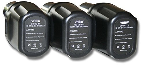 vhbw 3x Battery Replacement for Dewalt DE9054, DE9054-XJ for Power Tools (2100 mAh, NiMH, 3.6 V)
