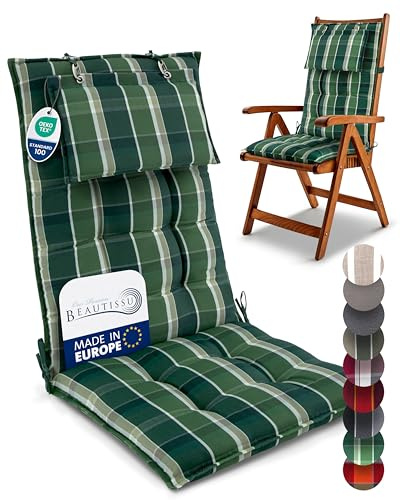 Beautissu 2er Set Premium Hochlehner Auflage Kopfpolster rutschfest robust | 120x50cm Grün kariert 8cm Dick Polster Gartenstuhlauflage robust UV-Lichtechtheit 5 rutschfest Befestigungsbänder Sun-HL