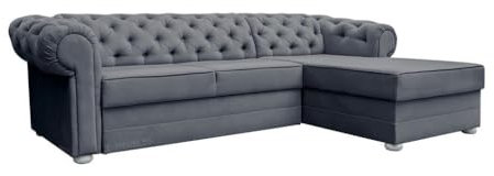 Chesterfield Ecksofa mit Schlaffunktion Sofa mit Ottomane Eckgarnitur Polsterecke Couch mit Bettkasten Samt (Velour) Glamour Wohnlandschaft - 280x180x81cm - AVIA (Dunkelgrau (Kronos 22), Rechts)