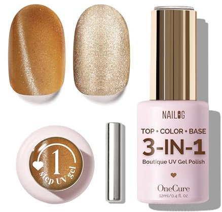 NAILOG OneCure Gel Nail Polish 12ml | Top Coat Color Gel Base 3-In-1 Formula Soak Off UV Cat Eye Polish for Home DIY & Gifting | Golden Shaded