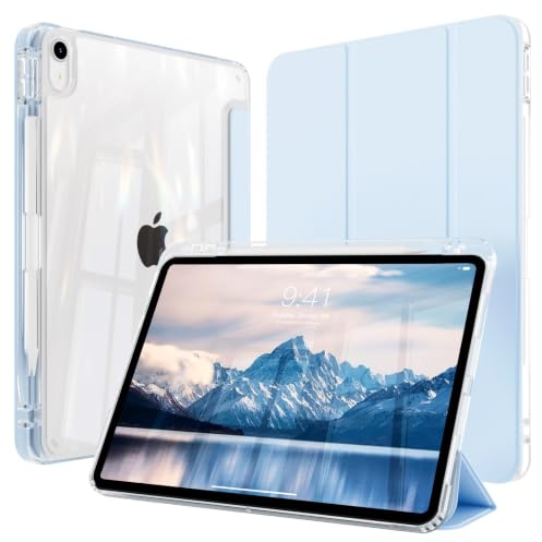 ZOPSGYU for iPad (A16) 11/10th Gen Case Clear, Anti-scratch, Sky Blue | Anti-Drop TPU Shockproof Frame with Crystal Back, Stable Trifold Stand, Pencil Holder & Auto Wake/Sleep, Portable & Stylish