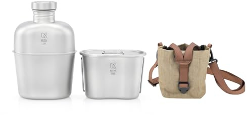 KEITH Titanium Military Canteen Mess Kit 1100ml Wide Mouth Titanium Water Bottle,900ml Camping Pot Bowl Cookware Set With Storage Bag for Hiking Climbing