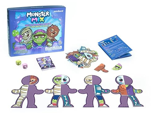 Miniland – Monster Mix | Monster-BAU-Brettspiel für Kinder ab 5 Jahren mit 48 Teilen, Herausforderungskarten und Würfeln