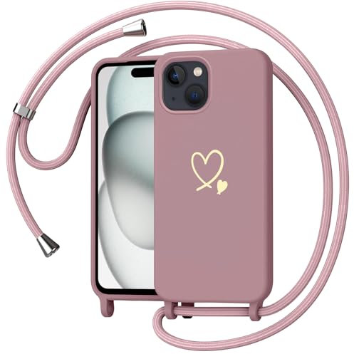 Yichxu Handyband für iPhone 15 Hülle mit Band, Herz Design Necklace Handyhülle zum Umhängen Kordel, Stoßfest Schutzhülle mit Kette, Weich TPU Liquid Silikon Case für iPhone 15, Rosa