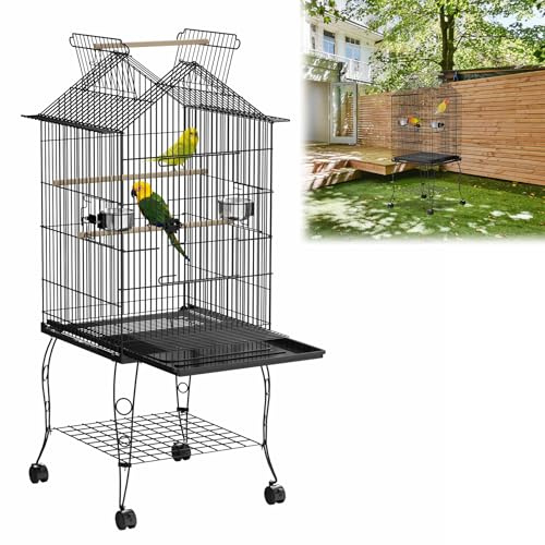 ORHEYA Vogelkäfig mit Rollen und Ständer – Vogelvoliere für Wellensittiche, Papageien und Sittiche – Wellensittichkäfig inkl. Holzstangen und Futternäpfe, Vogelhaus Typ A
