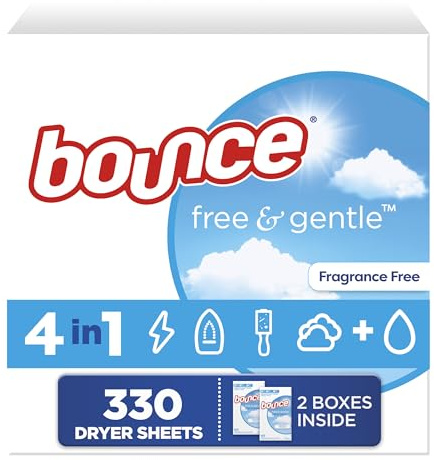Bounce Free & Gentle – Toallitas de secado – sin perfume · 330 unidades de toallitas suavizantes para la secadora · Para pieles sensibles · Antiestático