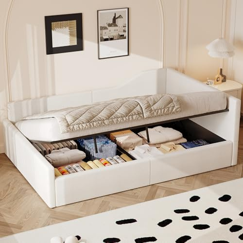 Oxtao Polsterbett Schlafsofa 140x200cm, Doppelbett mit Hydraulischem Stauraum, Daybett, Tagesbett Jugendbett mit Lattenrost, Leinen, ohne Matratze (Beige)