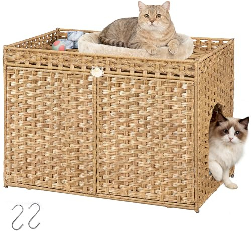 Fobyfurny Katzenklo Schrank, Handgewebtes Rattan-Katzenhaus mit Matte und Zaun, Katzenklo Versteckt in Möbeloptik mit 2 S-Haken, für Wohn- und Schlafzimmer, 77 x 46,5 x 55 cm, Natur, FPCB001RN1