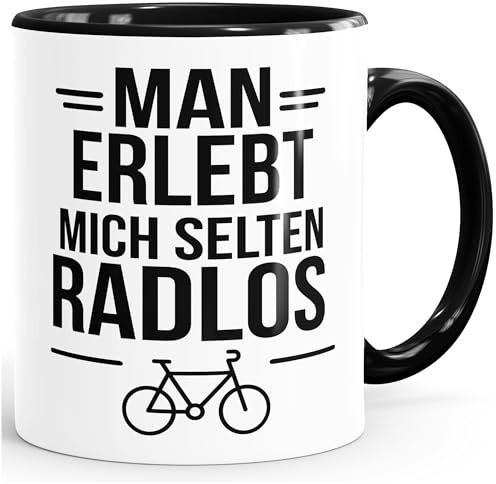 MoonWorks Tasse Spruch Spruch Fahrradfahrer Man erlebt mich selten radlos Statement Geschenkidee Bike-Freunde lustige Kaffeebecher Weiss-innen-schwarz standard
