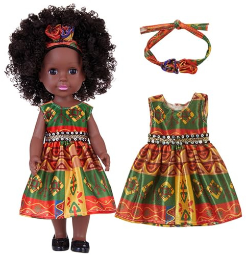 Nuiorfty Schwarze Puppen für Mädchen 35 6 cm lockiges Haar Schwarze Babypuppen mit Kleid und Haarschmuck bewegliche Gelenke für Kinder ab 3 Jahren