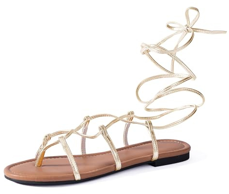 Sandalias de gladiador para mujer, elegantes, de verano, con tiras romanas, con cordones, correa plana al tobillo, bonitas, cómodas, casuales, Dorado, 39.5 EU