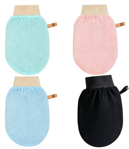 Peelinghandschuh 4er Set Exfoliating Gloves und Peeling Handschuh für Dusche Bad, Duschhandschuh Körperpeeling entfernt abgestorbene Hautzellen, wiederverwendbar für glatte Haut Rosa Schwarz Grün Blau