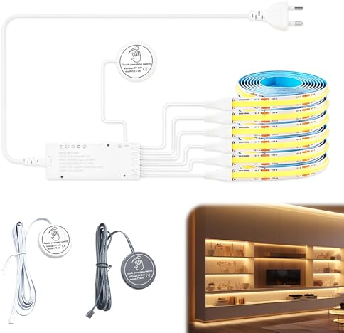 12V COB LED Streifen Warmweiß 3000K, 6 Rollen 1M LED Streifen Warmweiss, COB LED Strip Light, Akustikpaneele Beleuchtung mit Berühren und Hand Sweep Dimmschalter für Schrank Vitrine Küche Beleuchtung
