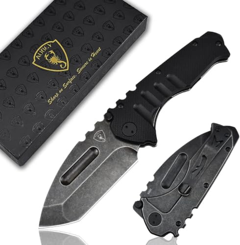 AUBEY Klappmesser Tanto Messer, Stonewashed-440C-Klinge, G10 Griff, MFG10H | 4,6 mm Klingenstärke, Taschenmesser für Herren, rutschfester G10-Edelstahl-Griff, Clip, Glasbrecher, Geschenkbox, Outdoor