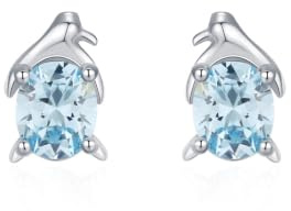 375 Weißgold Echter Schmuck Ohrringe mit Oval Hellblau Aquamarin, Pinguin Ohrstecker 9K