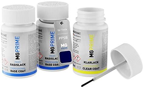 MG PRIME Autolack Lackstift Set für Tesla PPSB Ocean Blue Pearl Metallic/Deep Blue Pearl Metallic Grundlack Basislack Klarlack je 50ml