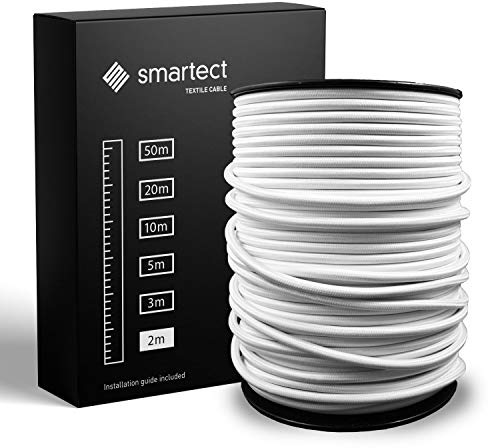 smartect Cavo Elettrico Tessile Bianco, 2 Metri Filo Elettrico Vintage, Tripolare (3 x 0.75mm²) Cavo Elettrico Rivestito in Tessuto per Fai da Te