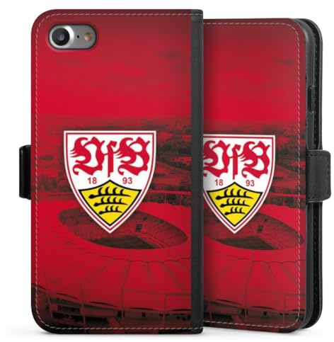 Klapphülle kompatibel mit Apple iPhone 7 Handyhülle aus Kunst Leder schwarz Flip Case VfB Stuttgart Stadion Offizielles Lizenzprodukt