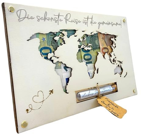 Geldgeschenk Hochzeit Weltkarte aus Holz | Einzigartiges Hochzeitsgeschenk für Brautpaar | Paargeschenk | Hochzeits-Geldgeschenk | Flitterwochen-Geschenk | Personalisierbar im Reagenzglas