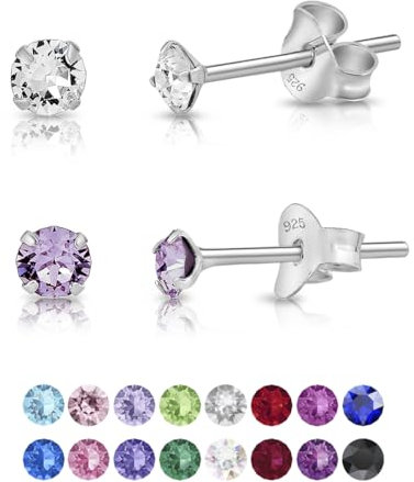 DTPsilver - 2 PAIRES de * MINI * Boucles d'oreilles/Clous en Argent Fin 925 et Cristaux de Swarovski® Elements Ronds - Diamètre: 3 mm - Couleur: Cristal Clair + Violet