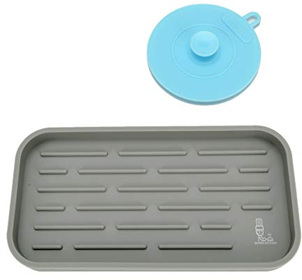 SUPER KITCHEN Bandeja para Organizador de Fregadero de Silicona con un Esponja de Silicona, Esteras de Secado, para Cocina, para usar con Esponjas, Cuchara, Detergente (24,5x12,5cm, Gris)