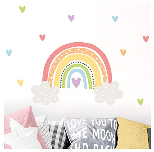Little Deco Aufkleber Regenbogen mit Herzen I Wandbild 92 x 55 cm (BxH) I Wolken Wandtattoo Mädchen Kinderzimmer Deko Bilder Sticker Wandaufkleber DL506