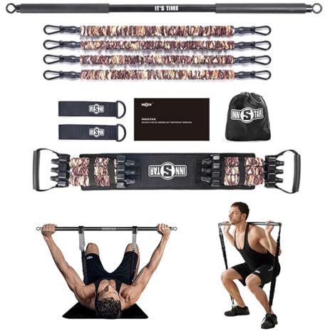 INNSTAR Portable Home Gym Set with Workout Bar, Bench Press Set, Squat Resistance Band, Door Anchor and More-Full Body Workout Equipment to Build Muscle and Shape Body(Camo Brown-200lbs)