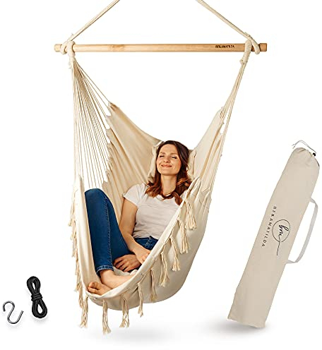 BELLAMATILDA® Hängesessel inkl 3 Kissen, Zubehör mit Seil & Haken - Outdoor & Indoor XXL Hängeschaukel für Erwachsene & Kinder - Hängesitz/Hängestuhl bis 150kg für Garten, Wohnzimmer, Balkon (Beige)