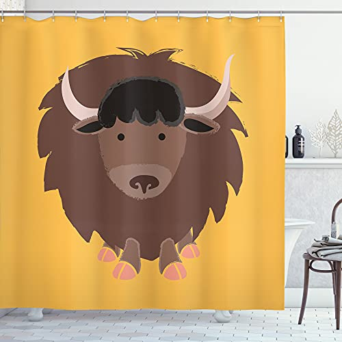ABAKUHAUS Yak Duschvorhang, Educational Tibetan Bull Kunst, Stoffliches Gewebe Badezimmerdekorationsset mit Haken, 175 x 240 cm, Senf Lachs