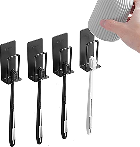 Zahnbürstenhalter Wand Schwarz 4pcs Zahnbürstenhalter Elektrische mit Kleber,Zahnbürste Bad Zahnbecherhalter Ohne Bohren Edelstahl mit 4 Loch für Kinder und Familien